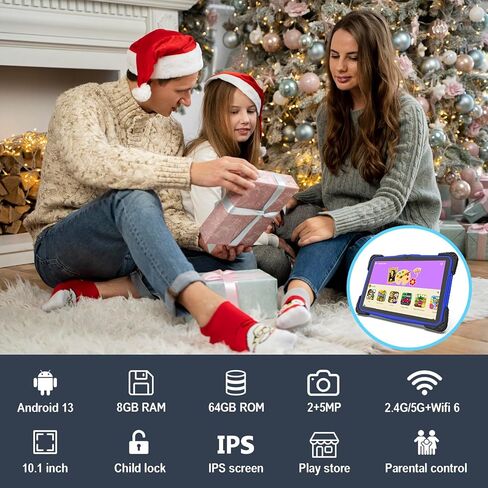تابلت للأطفال 10 بوصة، تابلت Android 13، تابلت 8 جيجابايت + 64 جيجابايت للأطفال، تابلت للتحكم الأبوي للأطفال الصغار مع حافظة متضمنة كاميرا مزدوجة 2+8 ميجابكسل، شاشة IPS، بطارية 6000 مللي أمبير في الساعة in Kuwait