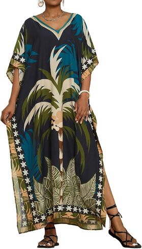 Bsubseach Caftan Dresses for Women Palm Tree Printed Long Kimomo Kaftan Plus Size Beach Kaftans Maxi Dresses Loungewear in Saudi Arabia