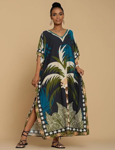Bsubseach Caftan Dresses for Women Palm Tree Printed Long Kimomo Kaftan Plus Size Beach Kaftans Maxi Dresses Loungewear in Saudi Arabia