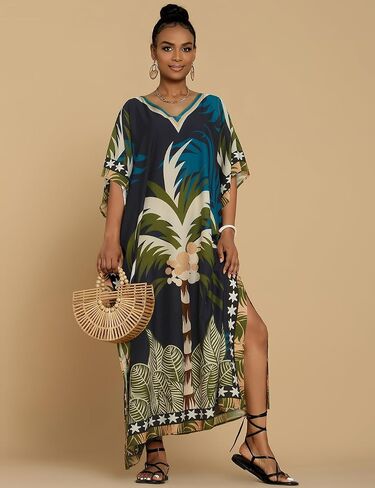 Bsubseach Caftan Dresses for Women Palm Tree Printed Long Kimomo Kaftan Plus Size Beach Kaftans Maxi Dresses Loungewear in Saudi Arabia