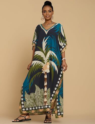 Bsubseach Caftan Dresses for Women Palm Tree Printed Long Kimomo Kaftan Plus Size Beach Kaftans Maxi Dresses Loungewear in Saudi Arabia