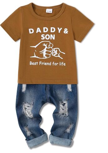 ملابس WESIDOM للأطفال الصغار، ملابس صيفية كاجوال بأكمام قصيرة، جينز ممزق 1-5T، ملابس أطفال أولادي، مجموعات ملابس للأطفال، بني in Kuwait