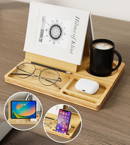 NiHome Bamboo Wooden Book Stand Holder with Triangle Design for Spine-Friendly Book Resting, Natural Finish Multipurpose Organizer with Detachable Magnetic Base for Glasses, Pens, Smartphone and More in Saudi Arabia