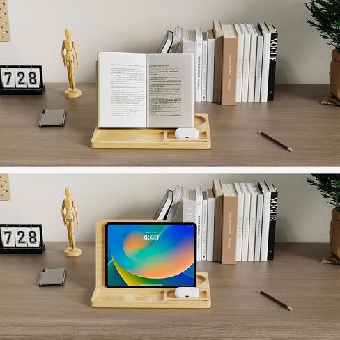 NiHome Bamboo Wooden Book Stand Holder with Triangle Design for Spine-Friendly Book Resting, Natural Finish Multipurpose Organizer with Detachable Magnetic Base for Glasses, Pens, Smartphone and More in Saudi Arabia