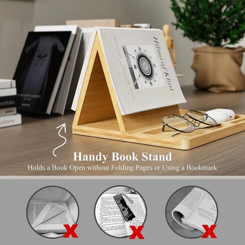 NiHome Bamboo Wooden Book Stand Holder with Triangle Design for Spine-Friendly Book Resting, Natural Finish Multipurpose Organizer with Detachable Magnetic Base for Glasses, Pens, Smartphone and More in Saudi Arabia
