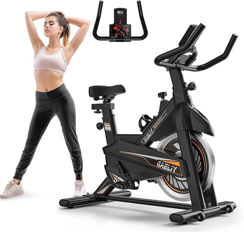 Exercise Bike,Indoor Cycling Bike Stationary with Comfortable Seat Cushion,Brake Pad Silent Belt Drive for Home Cardio,Workout Bike with 300lbs Weight Capacity,Black Orange in Saudi Arabia