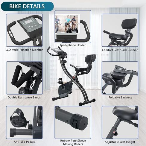 MAIBO Folding Exercise Bike Indoor Exercise Bikes, Portable Foldable Upright Stationary Bike with Arm Resistance Band and Backrest, 8-Level Magnetic Resistance, Heart-Rate Monitor, LCD Dial for Home Gym Workout in Saudi Arabia