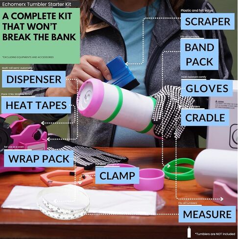 All-in-One Tumbler Sublimation Starter Kit Bundle - Heat Tape Dispenser, Heat Tapes, Gloves, Clamp, Shrink Sleeves, Bands, Cradle & More - Easy Sublimation for Blank Mugs and Tumblers in Saudi Arabia