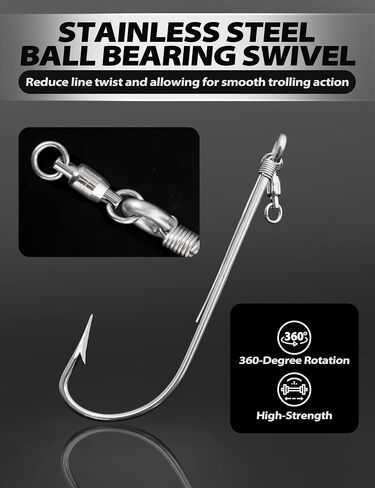 BLUEWING Trolling Hook with Ball-Bearing Swivel Ringed Hook Stainless Steel Big Game Trolling Hooks Long Shank Saltwater Fishing Hooks Wahoo Bonita Strip Trolling Hook in Saudi Arabia