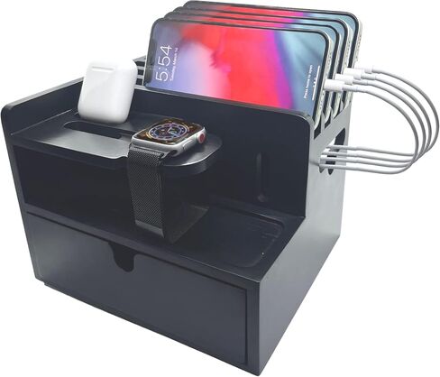 Black Bamboo Charging Station Organizer for Multiple Devices Desk Charging Station Organizer Wooden Docking Station Multi Device Charging Stand with Cable Cord Drawer for Phone Tablets Airpods Watch in Saudi Arabia