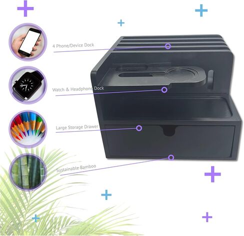 Black Bamboo Charging Station Organizer for Multiple Devices Desk Charging Station Organizer Wooden Docking Station Multi Device Charging Stand with Cable Cord Drawer for Phone Tablets Airpods Watch in Saudi Arabia