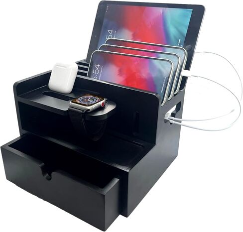 Black Bamboo Charging Station Organizer for Multiple Devices Desk Charging Station Organizer Wooden Docking Station Multi Device Charging Stand with Cable Cord Drawer for Phone Tablets Airpods Watch in Saudi Arabia