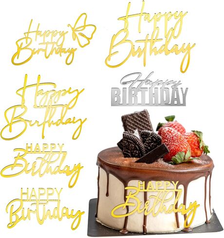 6 Pcs Happy Birthday Cake Toppers Double-Sided Glitter of Birthday Cake Topper Acrylic Cake Decoration, Gold Cupcake Toppers Cake Supplies Birthday Party Decorations in Saudi Arabia