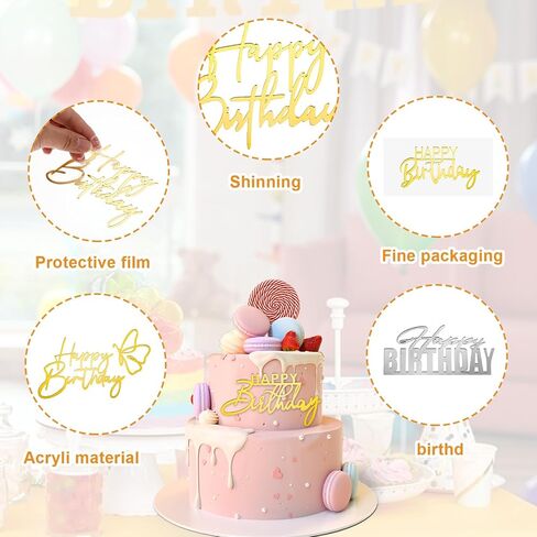6 Pcs Happy Birthday Cake Toppers Double-Sided Glitter of Birthday Cake Topper Acrylic Cake Decoration, Gold Cupcake Toppers Cake Supplies Birthday Party Decorations in Saudi Arabia
