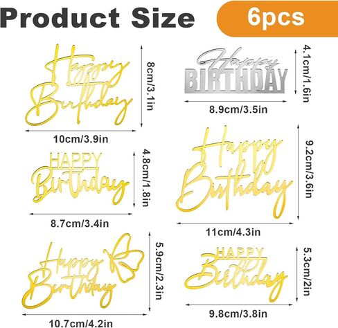 6 Pcs Happy Birthday Cake Toppers Double-Sided Glitter of Birthday Cake Topper Acrylic Cake Decoration, Gold Cupcake Toppers Cake Supplies Birthday Party Decorations in Saudi Arabia
