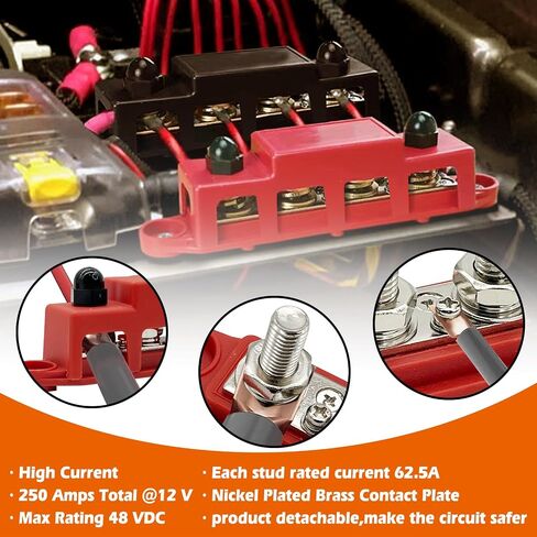 Tfwadmx 250A Power Distribution Block 4 Stud Distribution Block with Cover 12V Bus Bar 3/8" Terminal Bus Bar M10 Terminal Studs Automotive Marine Battery Busbar for Car Boat RV Truck Marine in Saudi Arabia