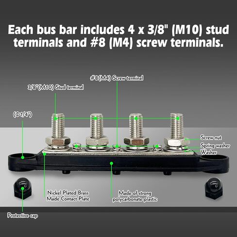 Tfwadmx 250A Power Distribution Block 4 Stud Distribution Block with Cover 12V Bus Bar 3/8" Terminal Bus Bar M10 Terminal Studs Automotive Marine Battery Busbar for Car Boat RV Truck Marine in Saudi Arabia