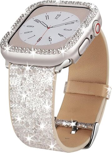 Bling Bands Compatible with Apple Watch Band + Case 38mm 40mm 41mm 42mm 44mm 45mm 49mm Ultra 2/1, Glitter Leather Strap with Bling Diamond Protector Cover For iWatch Series 9 8 SE 7 6 5 4 3 2 1 in Saudi Arabia