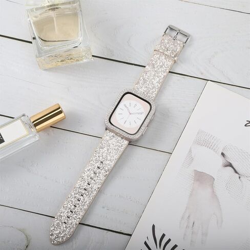 Bling Bands Compatible with Apple Watch Band + Case 38mm 40mm 41mm 42mm 44mm 45mm 49mm Ultra 2/1, Glitter Leather Strap with Bling Diamond Protector Cover For iWatch Series 9 8 SE 7 6 5 4 3 2 1 in Saudi Arabia