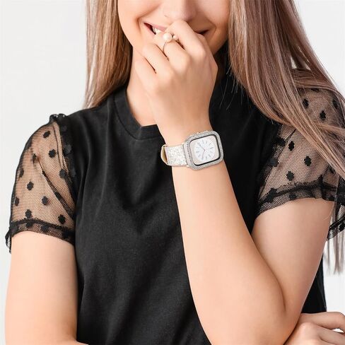 Bling Bands Compatible with Apple Watch Band + Case 38mm 40mm 41mm 42mm 44mm 45mm 49mm Ultra 2/1, Glitter Leather Strap with Bling Diamond Protector Cover For iWatch Series 9 8 SE 7 6 5 4 3 2 1 in Saudi Arabia