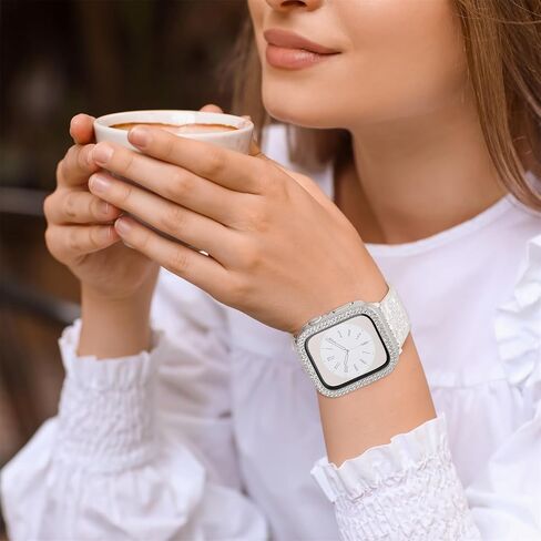 Bling Bands Compatible with Apple Watch Band + Case 38mm 40mm 41mm 42mm 44mm 45mm 49mm Ultra 2/1, Glitter Leather Strap with Bling Diamond Protector Cover For iWatch Series 9 8 SE 7 6 5 4 3 2 1 in Saudi Arabia