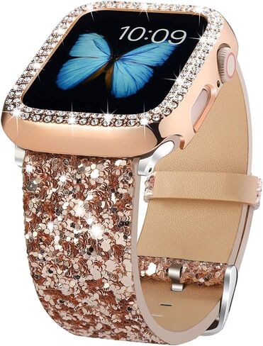 Bling Bands Compatible with Apple Watch Band + Case 38mm 40mm 41mm 42mm 44mm 45mm 49mm Ultra 2/1, Glitter Leather Strap with Bling Diamond Protector Cover For iWatch Series 9 8 SE 7 6 5 4 3 2 1 in Saudi Arabia