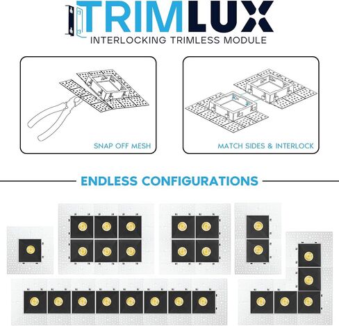 LUXRITE 2 Inch Black Square Trimless LED Recessed Light, 5CCT 2700K-5000K, Interlocking Module, 15W, 1000LM, High Output, Dimmable Ceiling Spotlight, Wet Rated, IC Rated, ETL Listed (6 Pack) in Saudi Arabia