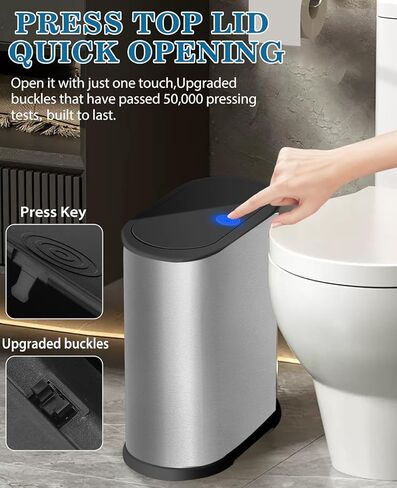 Bathroom Trash Can with Press Top Lid, 2.1 Gallon Small Slim Trash Can, Stainless Steel Narrow Garbage Can Wastebasket Trash Can,Removable Liner Bucket Trash Bin for Bathroom,Bedroom(Silver) in Kuwait