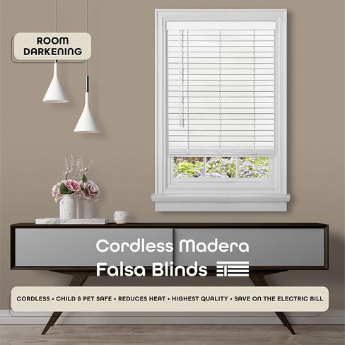 Cordless Room Darkening Plantation Blind - 48 Inch Width, 64 Inch Length, 2" Vinyl Slat Size - White - GII Madera Falsa Faux Wood, Light Filtering Horizontal Windows Blinds by Achim Home Decor in Kuwait