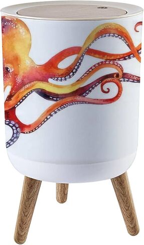 Trash Can with Lid Watercolor Octopus Hand Painted Press Cover Small Garbage Bin Round with Wooden Legs Waste Basket for Bathroom Kitchen Bedroom 7L/1.8 Gallon in Saudi Arabia