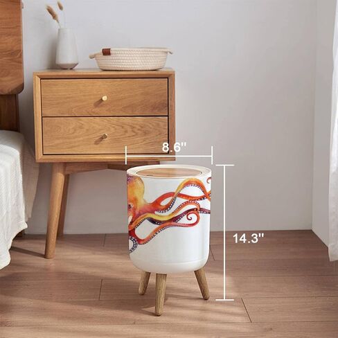 Trash Can with Lid Watercolor Octopus Hand Painted Press Cover Small Garbage Bin Round with Wooden Legs Waste Basket for Bathroom Kitchen Bedroom 7L/1.8 Gallon in Saudi Arabia