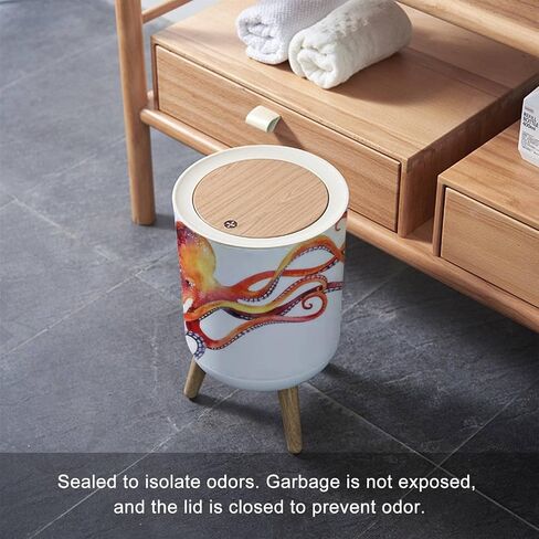 Trash Can with Lid Watercolor Octopus Hand Painted Press Cover Small Garbage Bin Round with Wooden Legs Waste Basket for Bathroom Kitchen Bedroom 7L/1.8 Gallon in Saudi Arabia