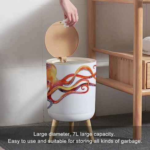 Trash Can with Lid Watercolor Octopus Hand Painted Press Cover Small Garbage Bin Round with Wooden Legs Waste Basket for Bathroom Kitchen Bedroom 7L/1.8 Gallon in Saudi Arabia