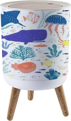 Trash Can with Lid Watercolor Octopus Hand Painted Press Cover Small Garbage Bin Round with Wooden Legs Waste Basket for Bathroom Kitchen Bedroom 7L/1.8 Gallon in Saudi Arabia