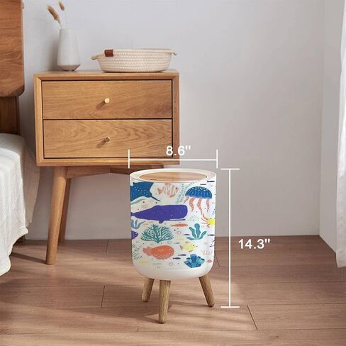 Trash Can with Lid Watercolor Octopus Hand Painted Press Cover Small Garbage Bin Round with Wooden Legs Waste Basket for Bathroom Kitchen Bedroom 7L/1.8 Gallon in Saudi Arabia