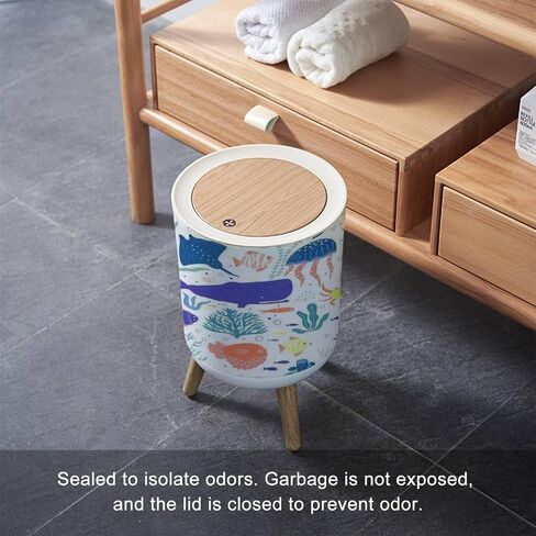 Trash Can with Lid Watercolor Octopus Hand Painted Press Cover Small Garbage Bin Round with Wooden Legs Waste Basket for Bathroom Kitchen Bedroom 7L/1.8 Gallon in Saudi Arabia