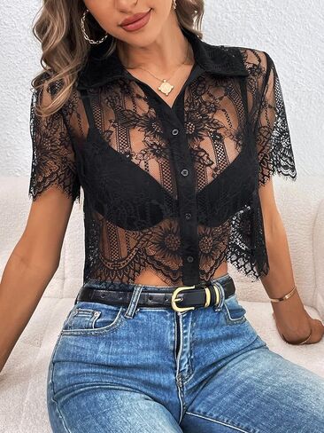 Verdusa Women's Sheer Lace Shirt Short Sleeve Button Up Crop Blouse Tops in Saudi Arabia