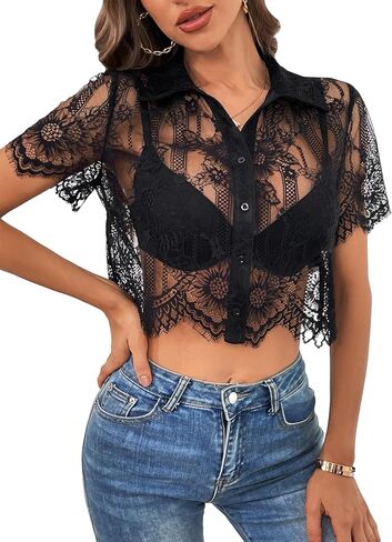 Verdusa Women's Sheer Lace Shirt Short Sleeve Button Up Crop Blouse Tops in Saudi Arabia