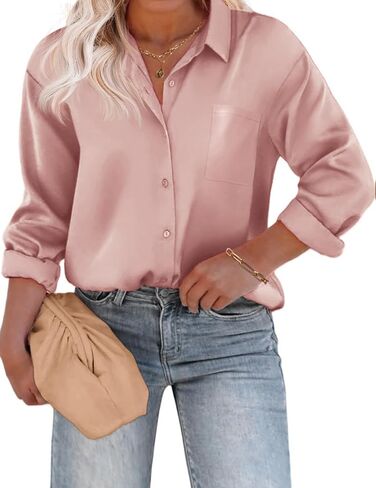 IN'VOLAND Womens Plus Size Satin Silk Button Down Shirt V Neck Long Sleeve Casual Collared Work Blouse Tops with Pocket in Saudi Arabia