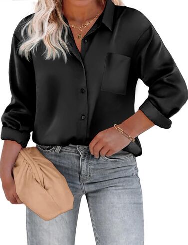 IN'VOLAND Womens Plus Size Satin Silk Button Down Shirt V Neck Long Sleeve Casual Collared Work Blouse Tops with Pocket in Saudi Arabia