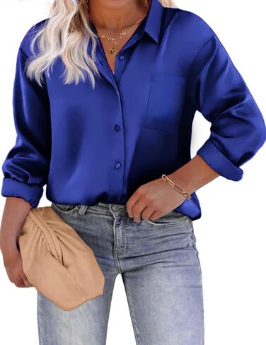 IN'VOLAND Womens Plus Size Satin Silk Button Down Shirt V Neck Long Sleeve Casual Collared Work Blouse Tops with Pocket in Saudi Arabia