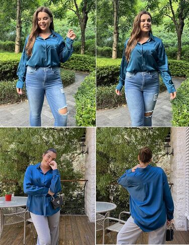 IN'VOLAND Womens Plus Size Satin Silk Button Down Shirt V Neck Long Sleeve Casual Collared Work Blouse Tops with Pocket in Saudi Arabia