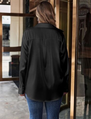 IN'VOLAND Womens Plus Size Satin Silk Button Down Shirt V Neck Long Sleeve Casual Collared Work Blouse Tops with Pocket in Saudi Arabia