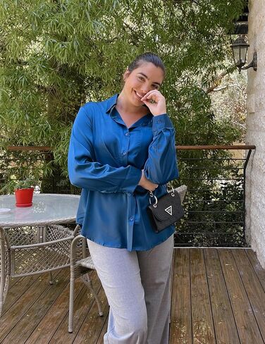 IN'VOLAND Womens Plus Size Satin Silk Button Down Shirt V Neck Long Sleeve Casual Collared Work Blouse Tops with Pocket in Saudi Arabia