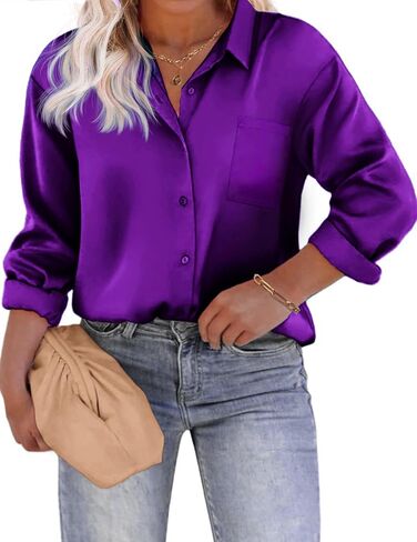 IN'VOLAND Womens Plus Size Satin Silk Button Down Shirt V Neck Long Sleeve Casual Collared Work Blouse Tops with Pocket in Saudi Arabia