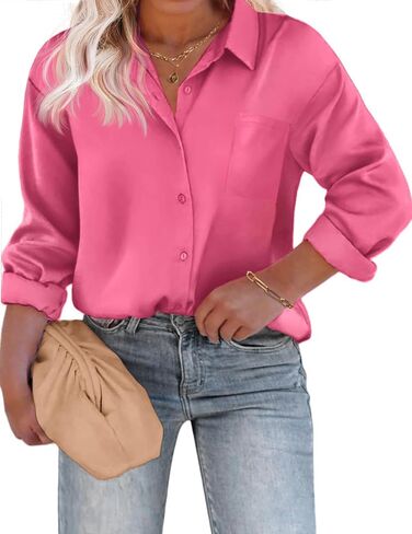 IN'VOLAND Womens Plus Size Satin Silk Button Down Shirt V Neck Long Sleeve Casual Collared Work Blouse Tops with Pocket in Saudi Arabia