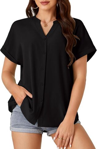 Rooscier Women's Button Down Notch V Neck Batwing Short Sleeve Office Business Blouse Shirt Top in Saudi Arabia