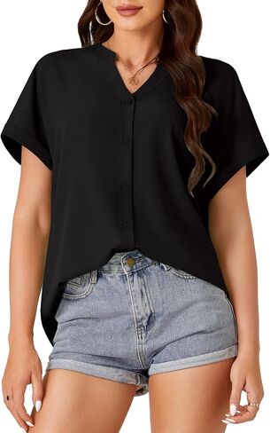 Rooscier Women's Button Down Notch V Neck Batwing Short Sleeve Office Business Blouse Shirt Top in Saudi Arabia