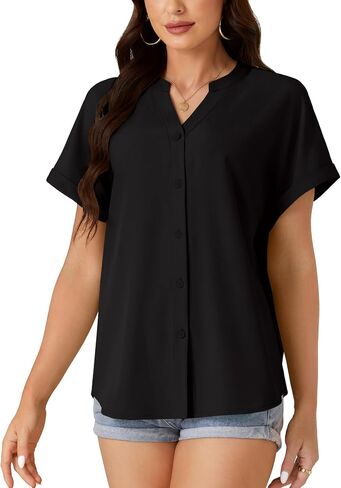 Rooscier Women's Button Down Notch V Neck Batwing Short Sleeve Office Business Blouse Shirt Top in Saudi Arabia