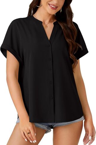 Rooscier Women's Button Down Notch V Neck Batwing Short Sleeve Office Business Blouse Shirt Top in Saudi Arabia